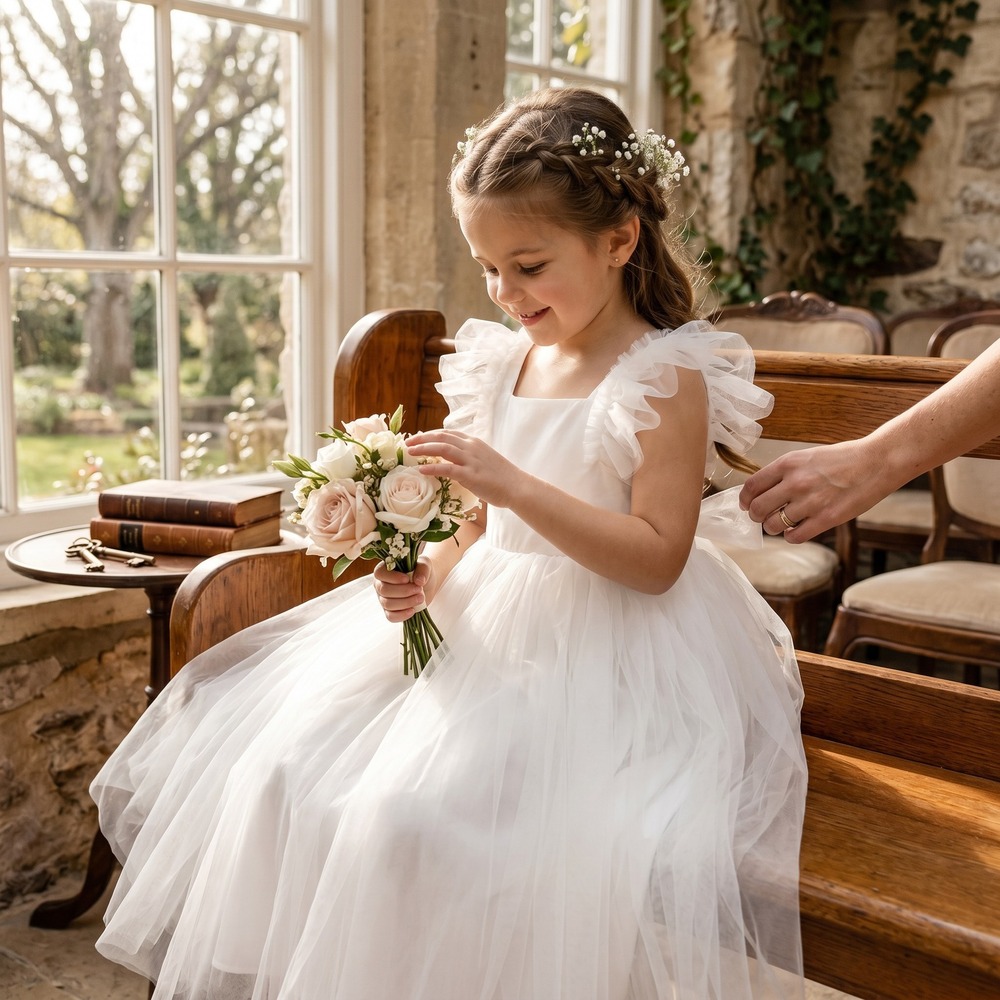 Girls White Tulle Flower Girl Dress Size Wedding Princess Party Communion Soft‎